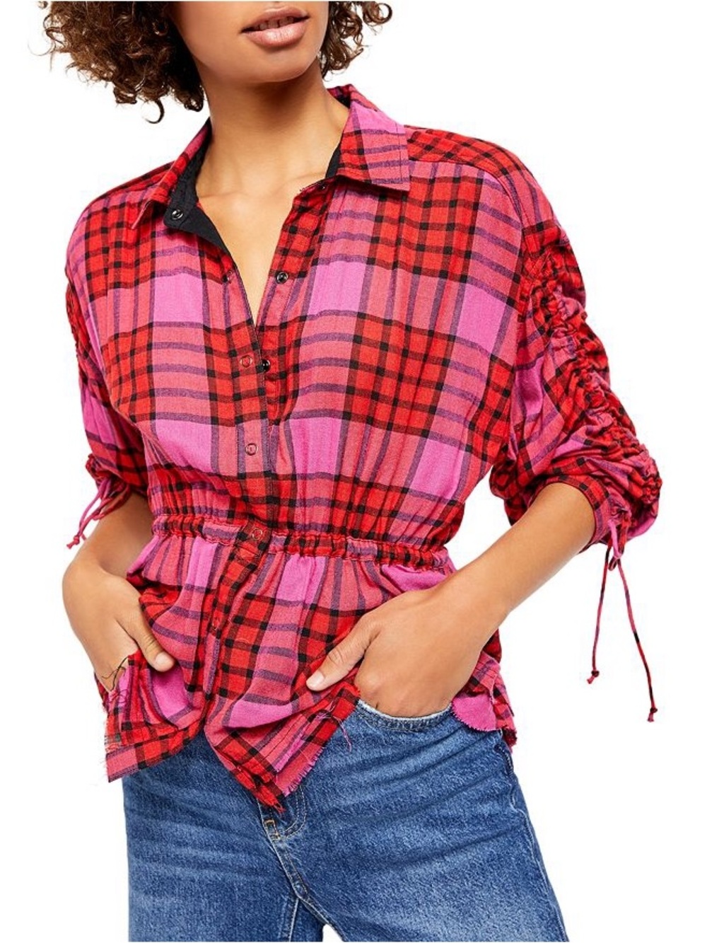NWT Free People Pacific Dawn Plaid Peplum Shirt Blouse Red Pink XS